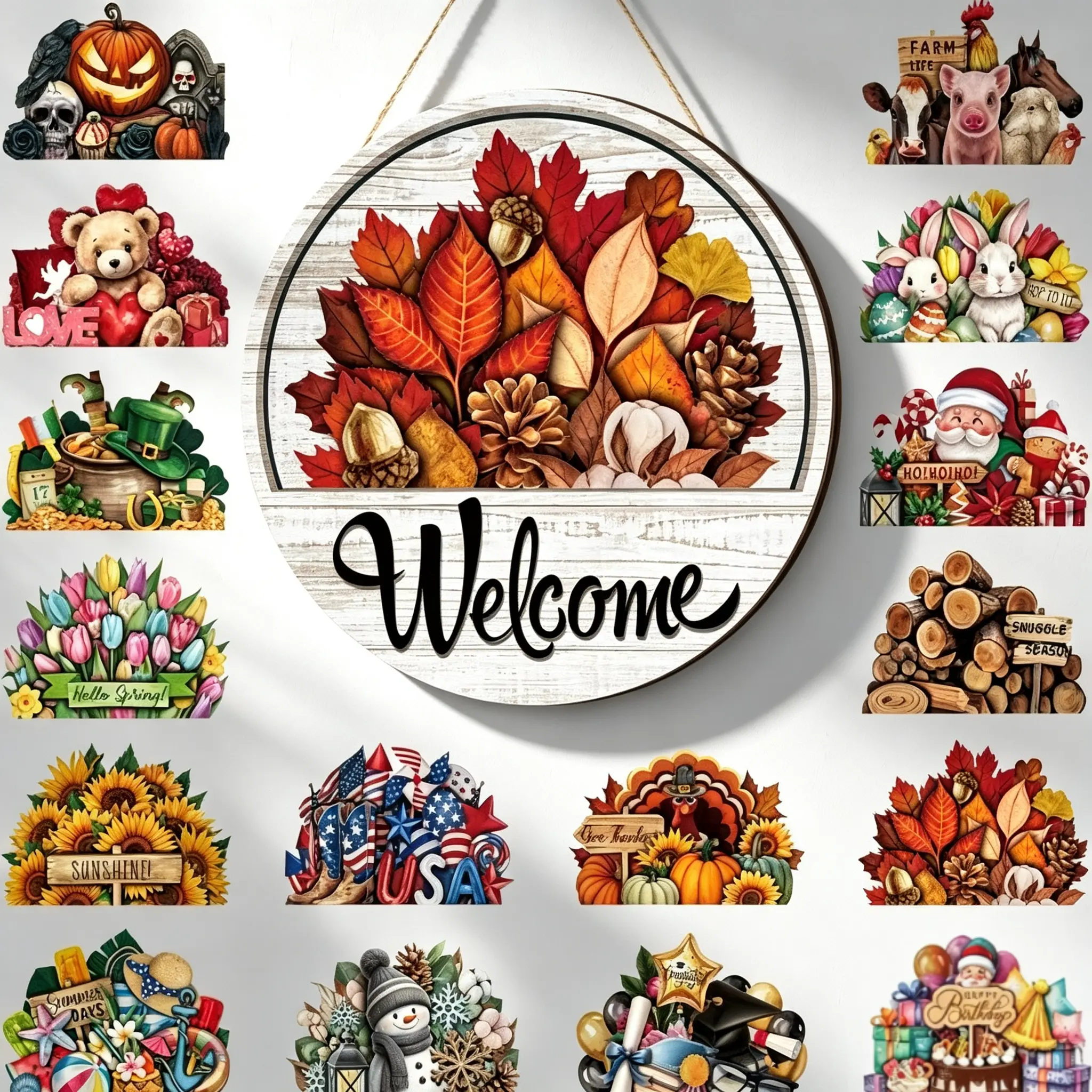 Interchangeable Welcome Sign for Front Door,Wood Decor with 16 Changeable Seasonal Icons,Magnetic Farmhouse Wreath Door Hanger for Year-Round Holiday Display