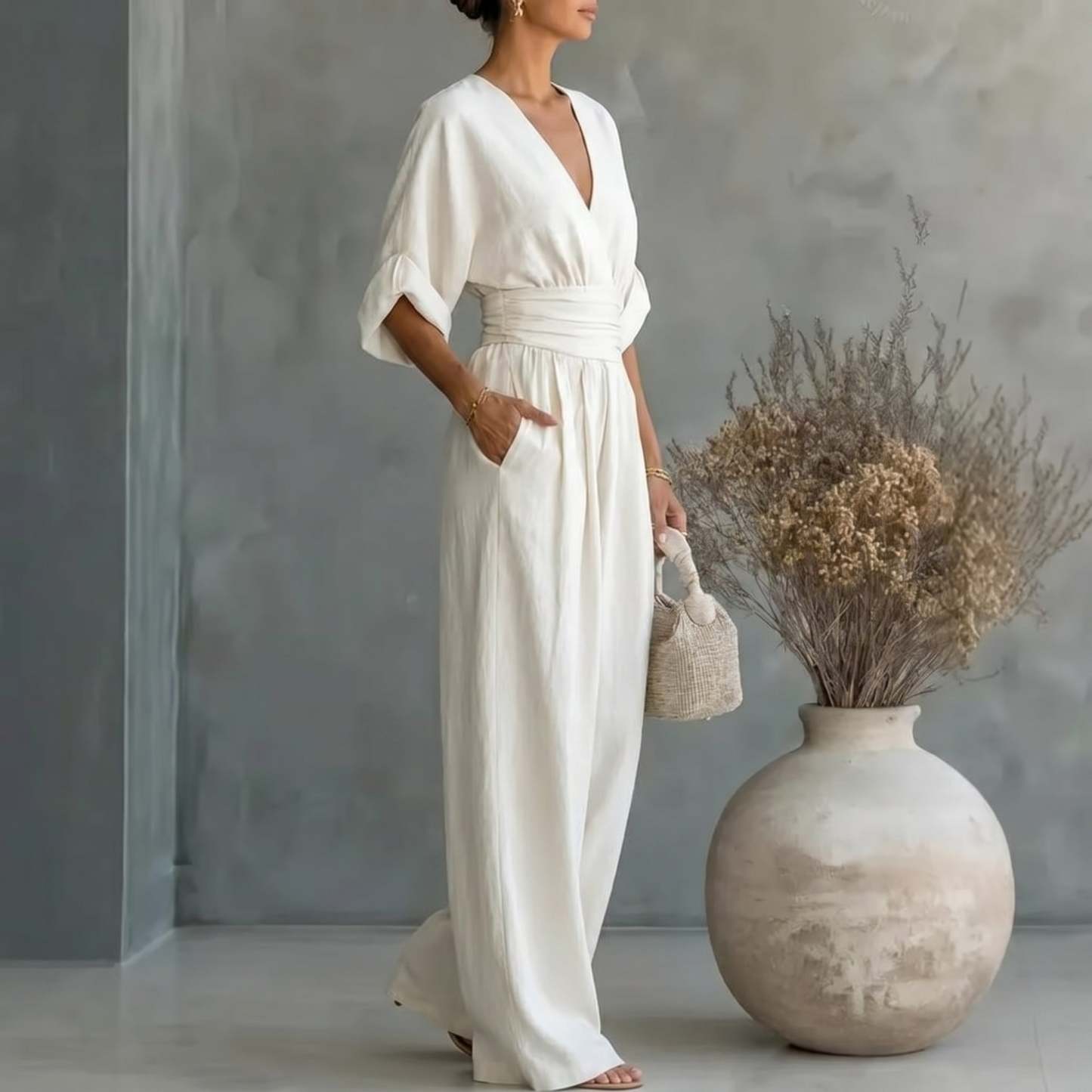 Elegant Vacation Casual Fashion V-neck Waist Jumpsuit
