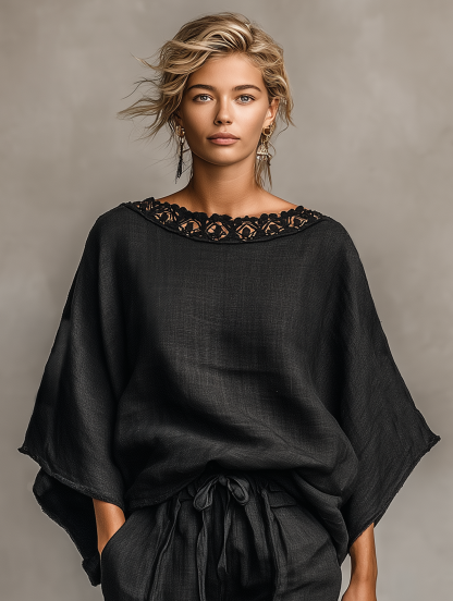 Women's Minimalist Linen Blend Lace Boat Neck Blouse And Shorts Set MDZ1635A9Y
