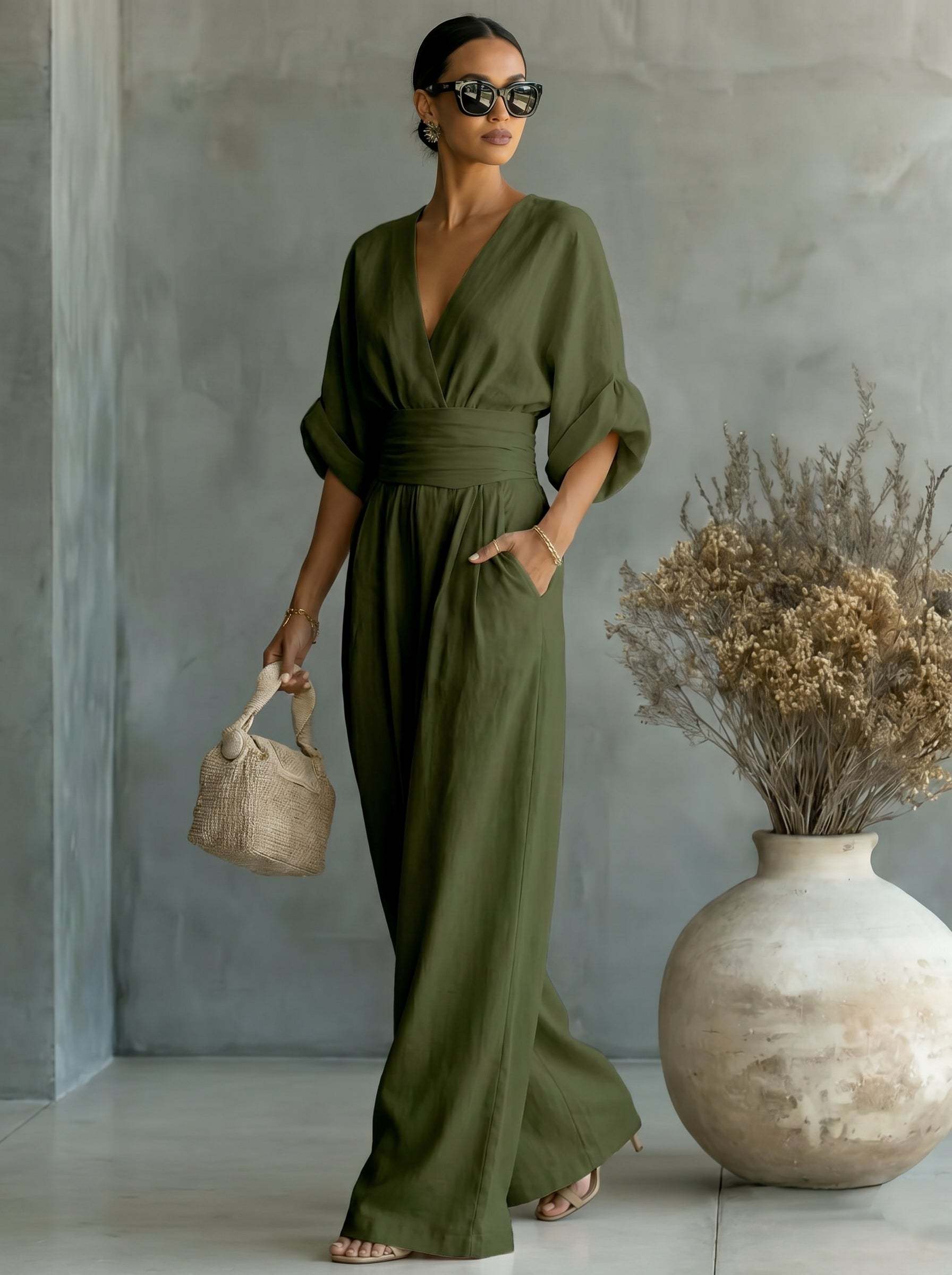 Elegant Vacation Casual Fashion V-neck Waist Jumpsuit
