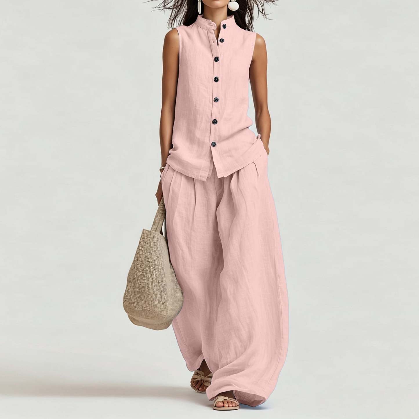 Women's Casual Cotton & Linen Sleeveless Top & Wide-Leg Pants Two-Piece Set
