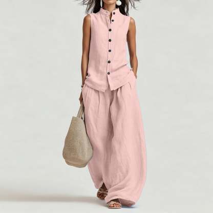 Women's Casual Cotton & Linen Sleeveless Top & Wide-Leg Pants Two-Piece Set