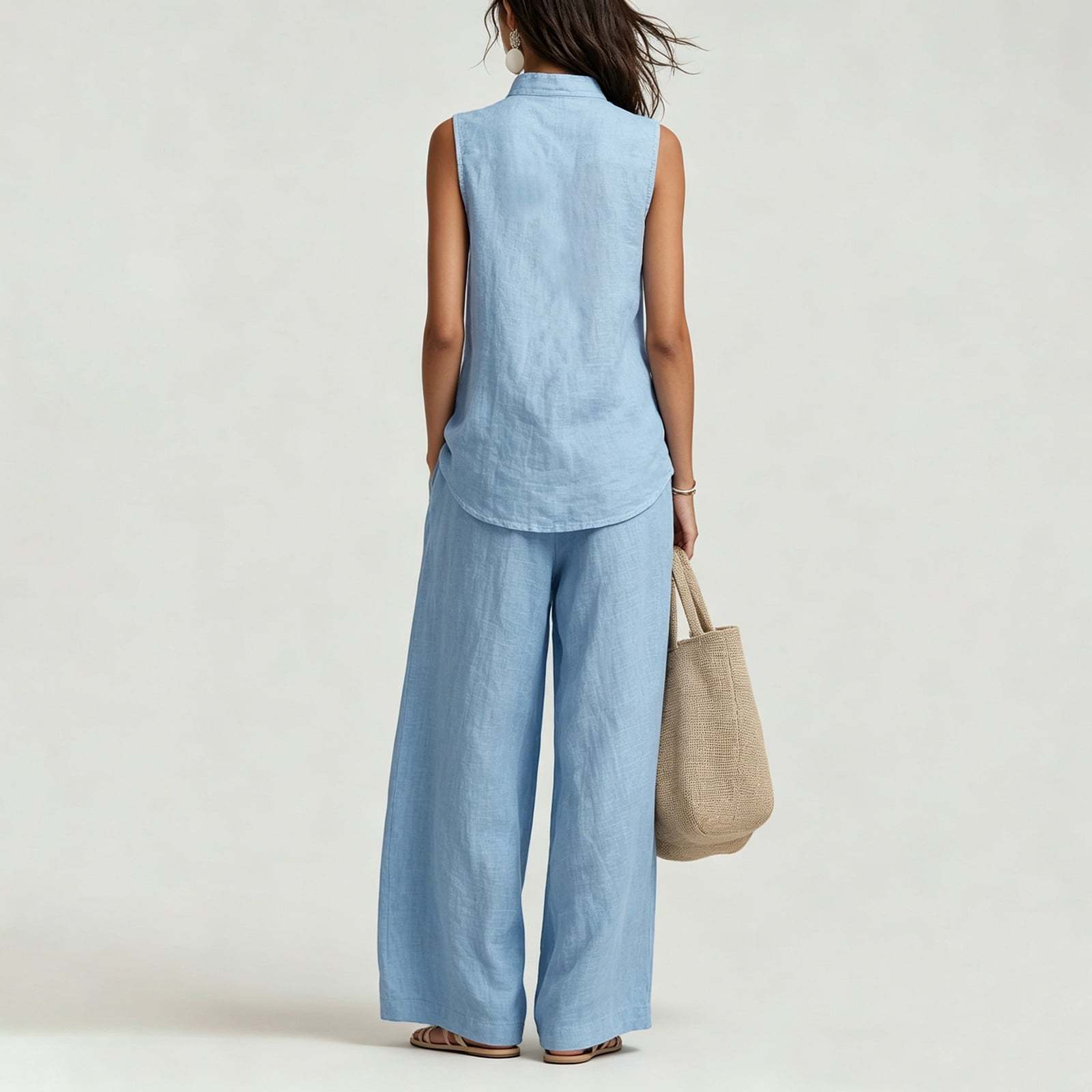 Women's Casual Cotton & Linen Sleeveless Top & Wide-Leg Pants Two-Piece Set