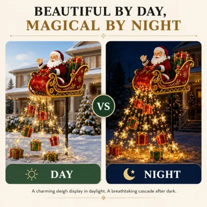 🎅✨ 2026 New Santa’s Flying Sleigh Gift Cascade – Solar Christmas Garden Light