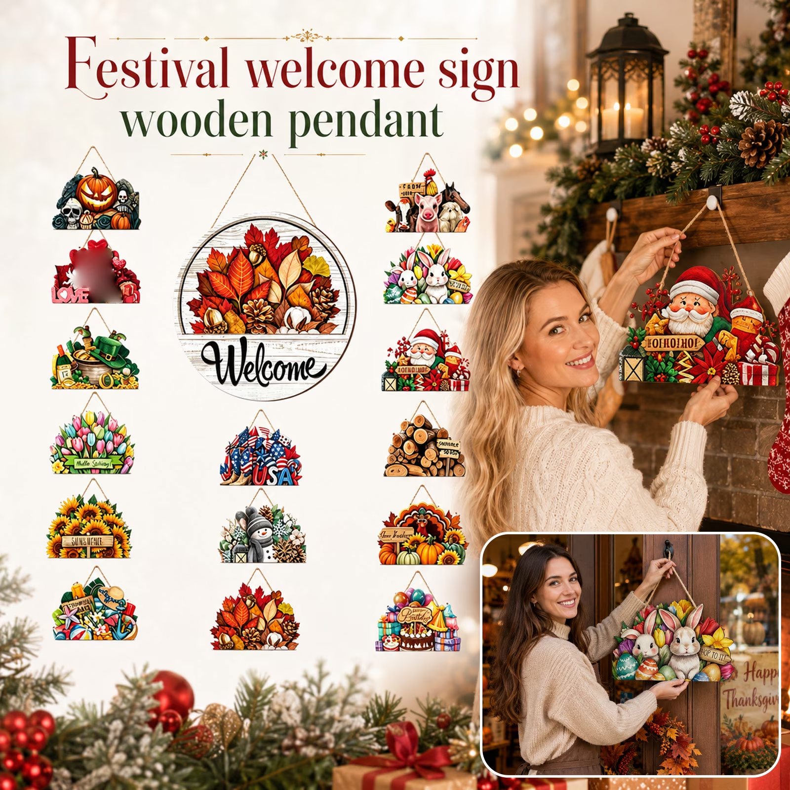 Interchangeable Welcome Sign for Front Door,Wood Decor with 16 Changeable Seasonal Icons,Magnetic Farmhouse Wreath Door Hanger for Year-Round Holiday Display