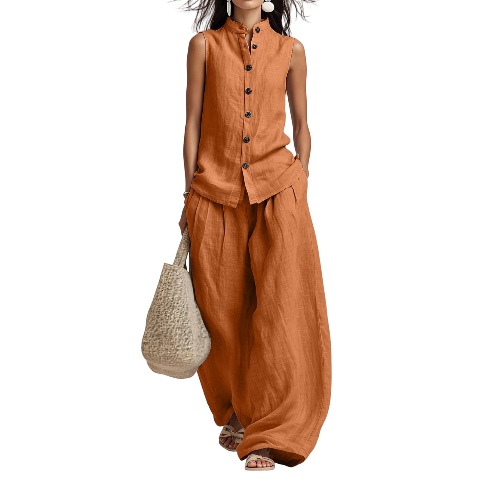 Women's Casual Cotton & Linen Sleeveless Top & Wide-Leg Pants Two-Piece Set