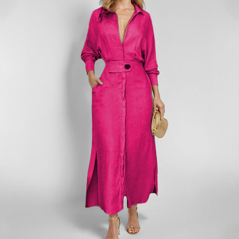 Lace-up Solid Color Waist Long Sleeve Irregular Shirt Dress