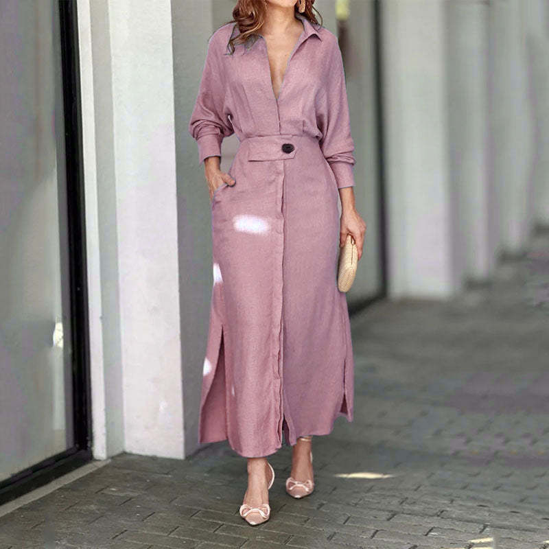 Lace-up Solid Color Waist Long Sleeve Irregular Shirt Dress