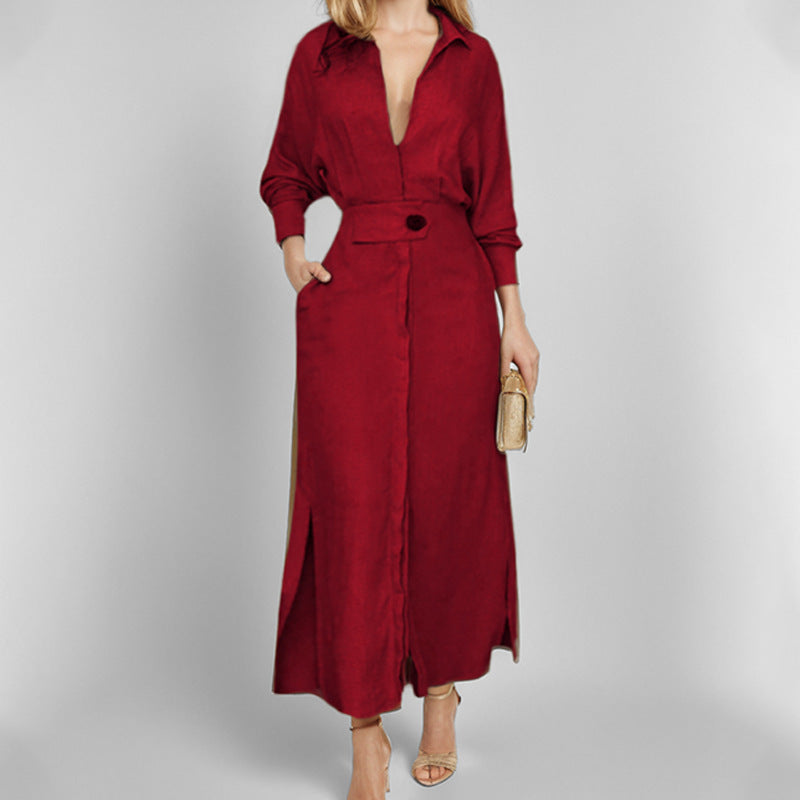 Lace-up Solid Color Waist Long Sleeve Irregular Shirt Dress