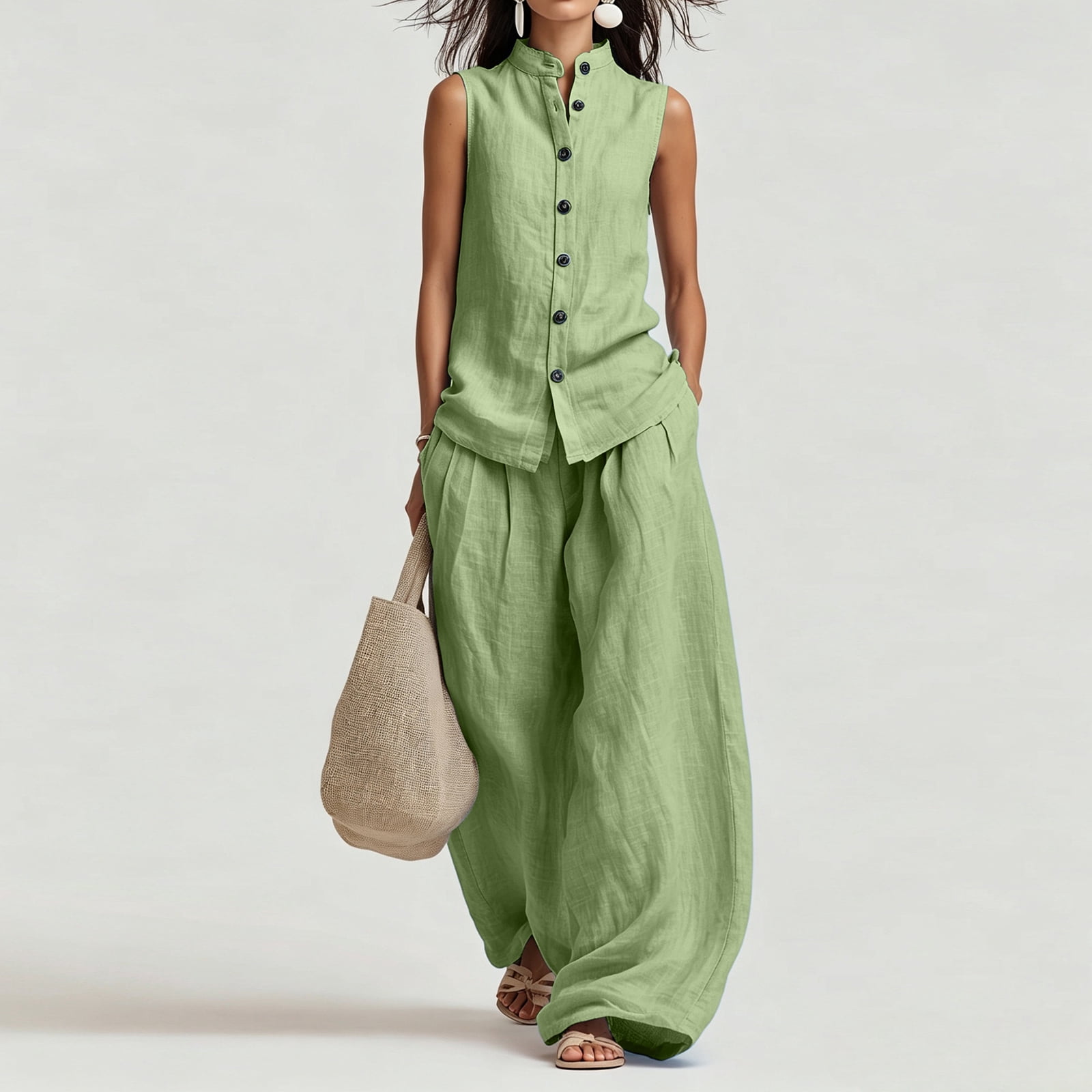Women's Casual Cotton & Linen Sleeveless Top & Wide-Leg Pants Two-Piece Set