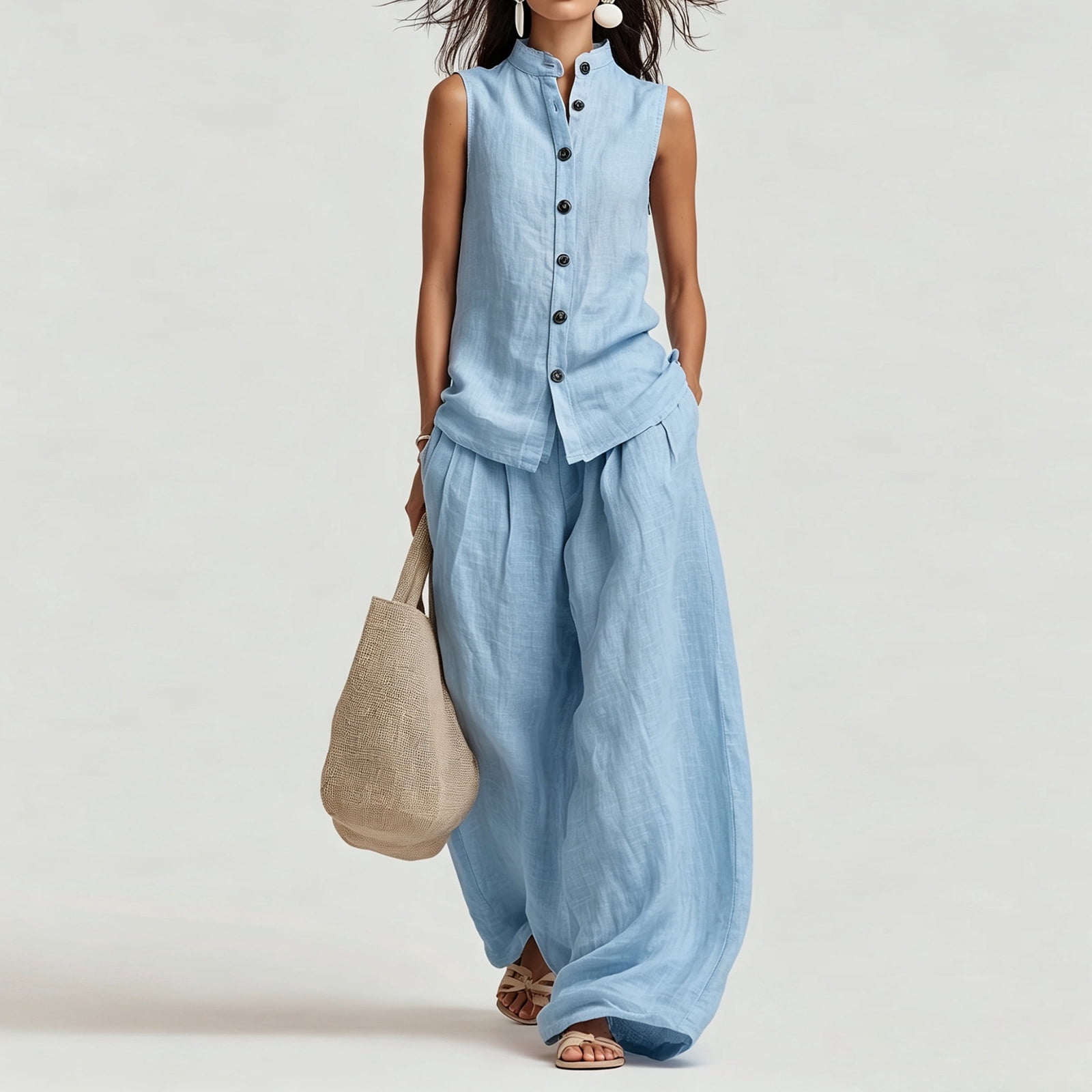 Women's Casual Cotton & Linen Sleeveless Top & Wide-Leg Pants Two-Piece Set