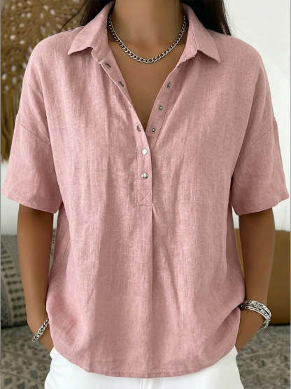 Women’s Cotton Linen Polo Shirt – Casual Short Sleeve Summer Top