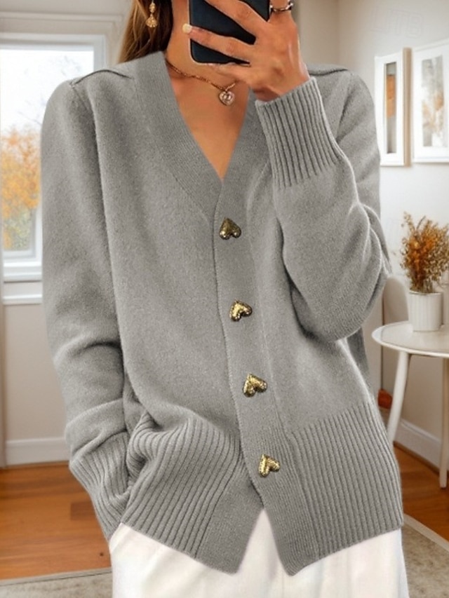 Women's Valentine Pink Sweater Cardigan Sweater Jacket V Neck Knit Button Knitted Spring Fall Daily Holiday Going out Cute Daily Soft Long Sleeve Pure Color Black White