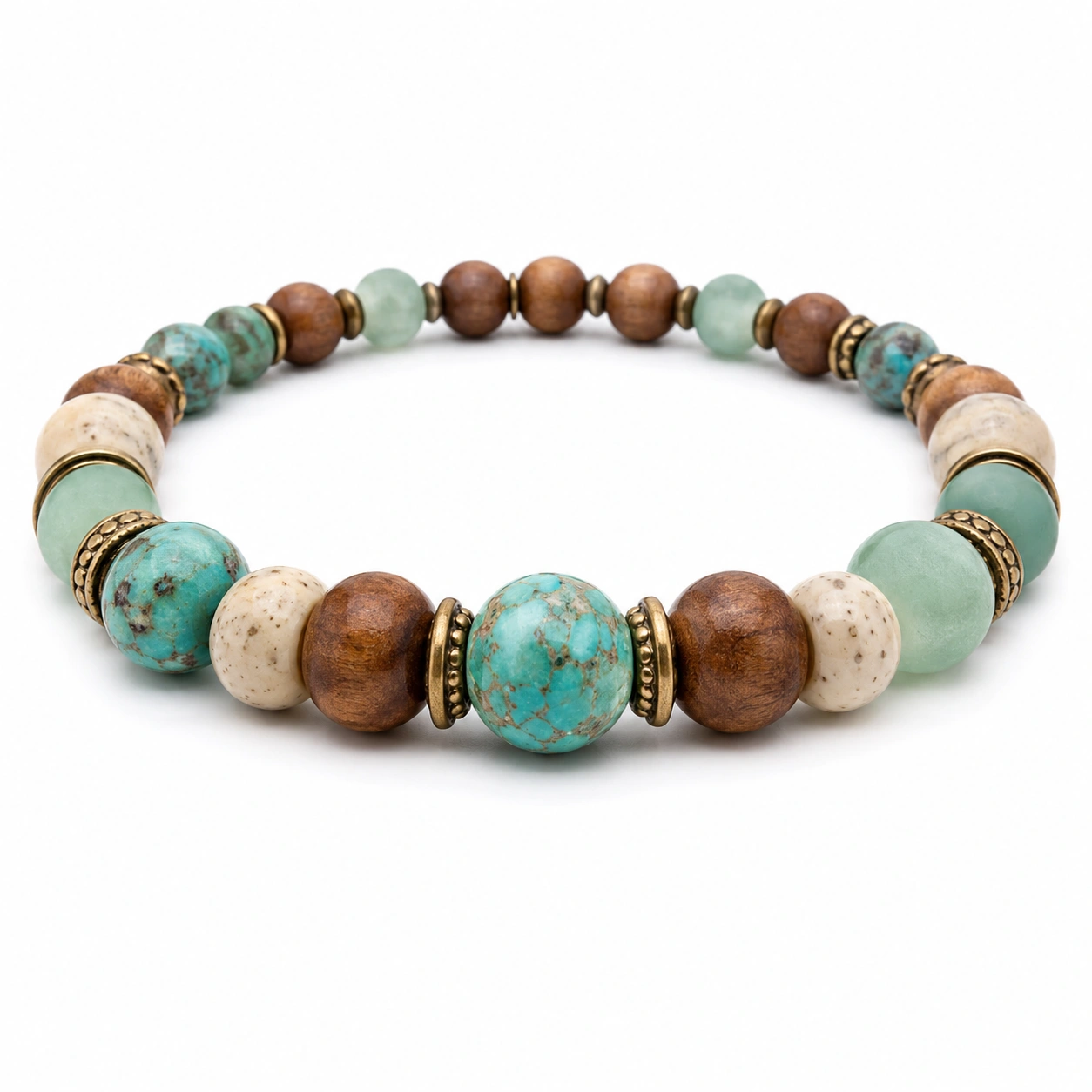Boho-Armband mit Holz- und Natursteinen in Türkis, Grün und Beige-homverica