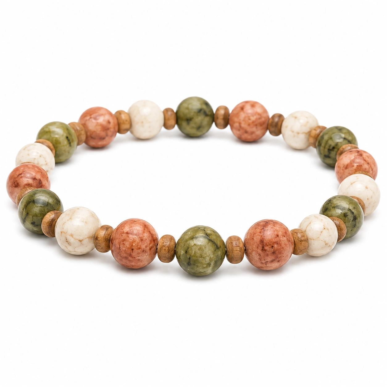 Elastisches Armband mit Natursteinperlen in Grün, Braun und Beige-homverica