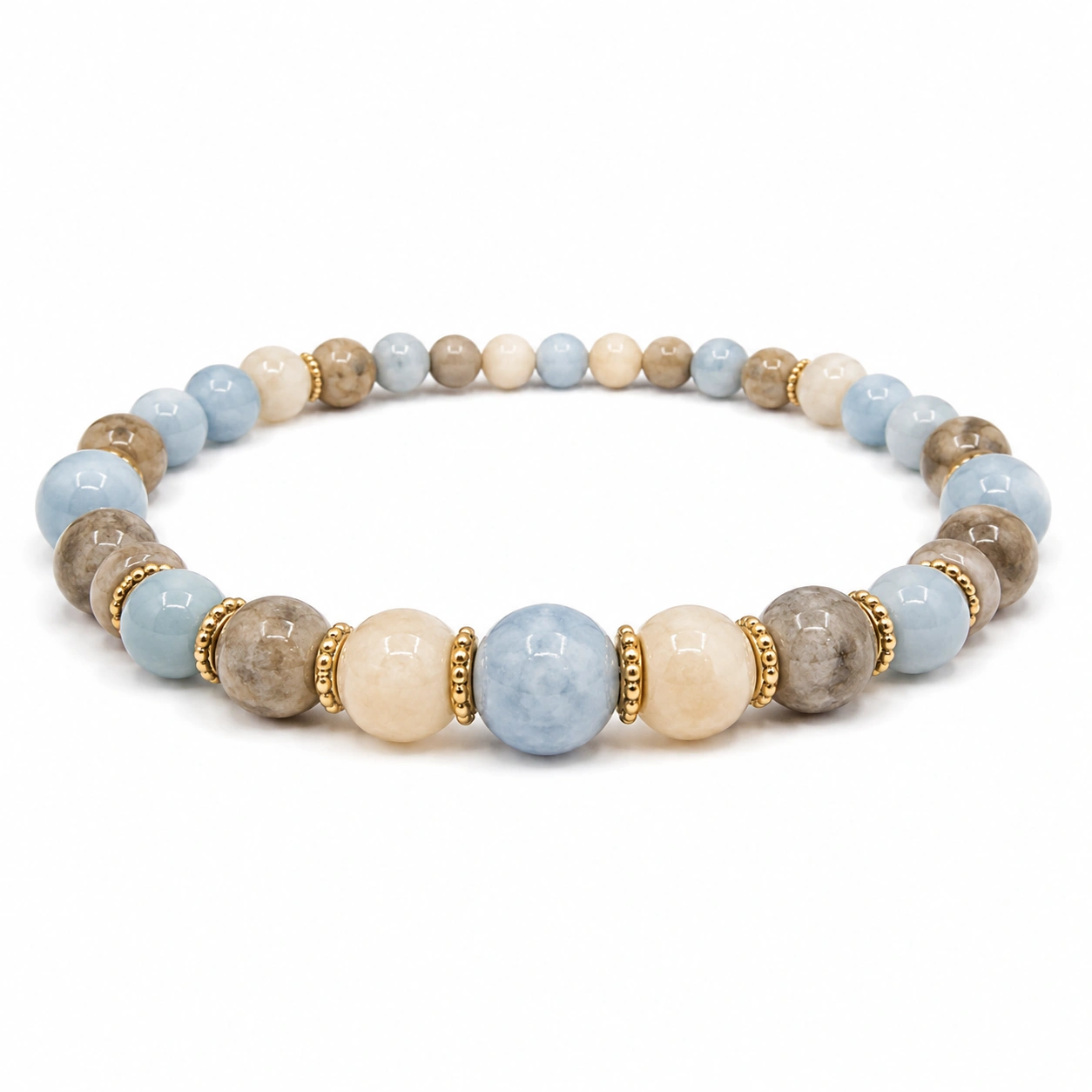 Elastisches Edelsteinarmband mit Goldakzenten - Blau/Beige/Grau-homverica