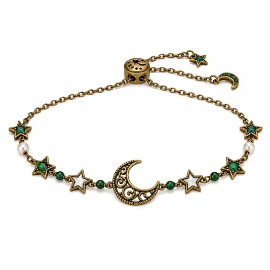 Verstellbares Armband mit Mond- und Sternanhängern aus Leder und Kette, Braun/Silber-homverica