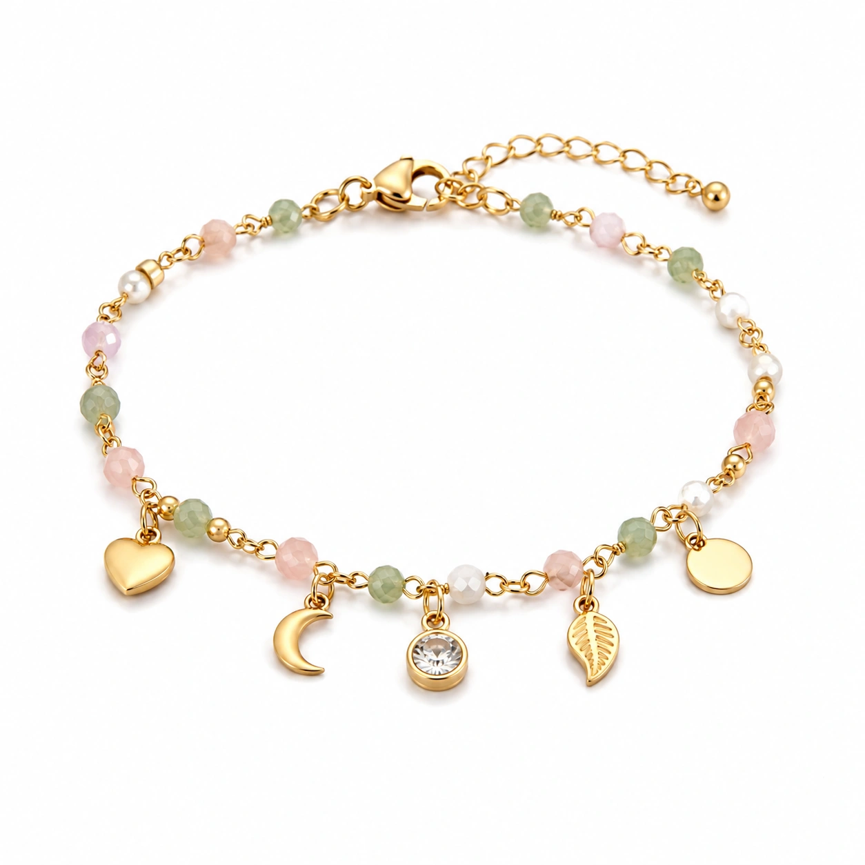 Elegantes Charm-Armband mit Herz, Mond und Blatt in Gold-homverica