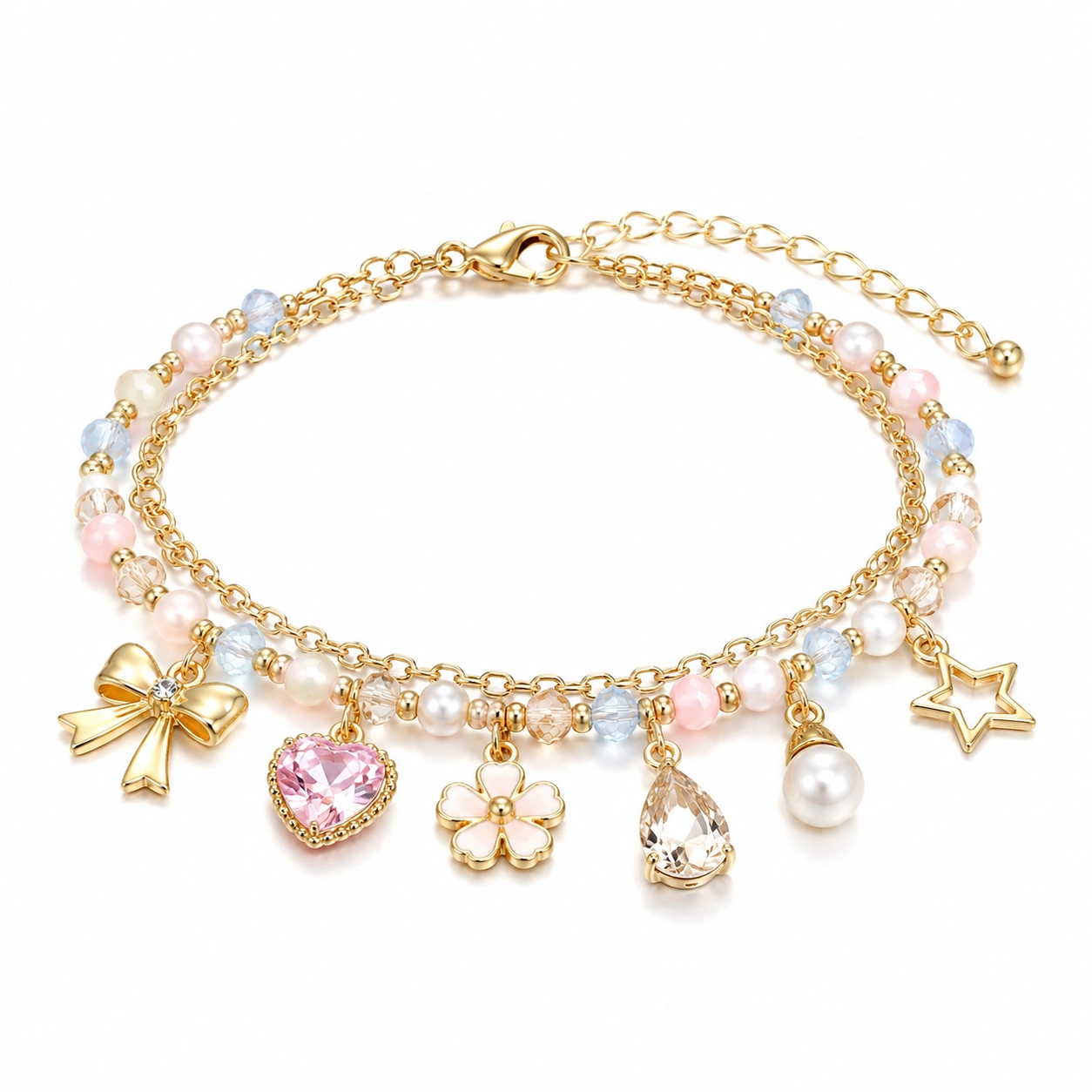 Goldenes Charm-Armband mit Anhängern und Kunstperlen-homverica