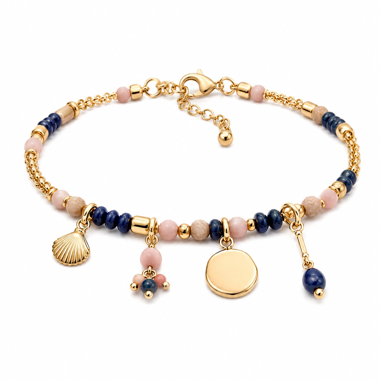 Verstellbares Armband mit Muschel- und Perlenanhänger in Gold, Blau und Rosa-homverica
