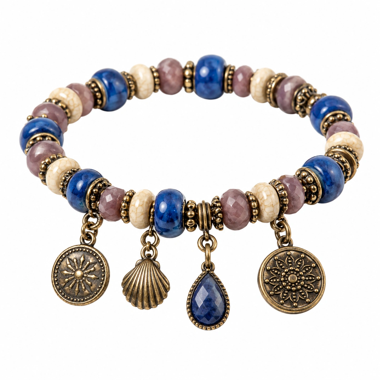 Vintage Böhmisches Armband mit Anhängern und Bunten Perlen - Blau/Lila/Beige-homverica