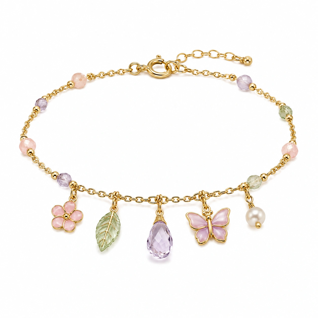 Goldenes Charm-Armband mit Anhängern und Pastellperlen-homverica