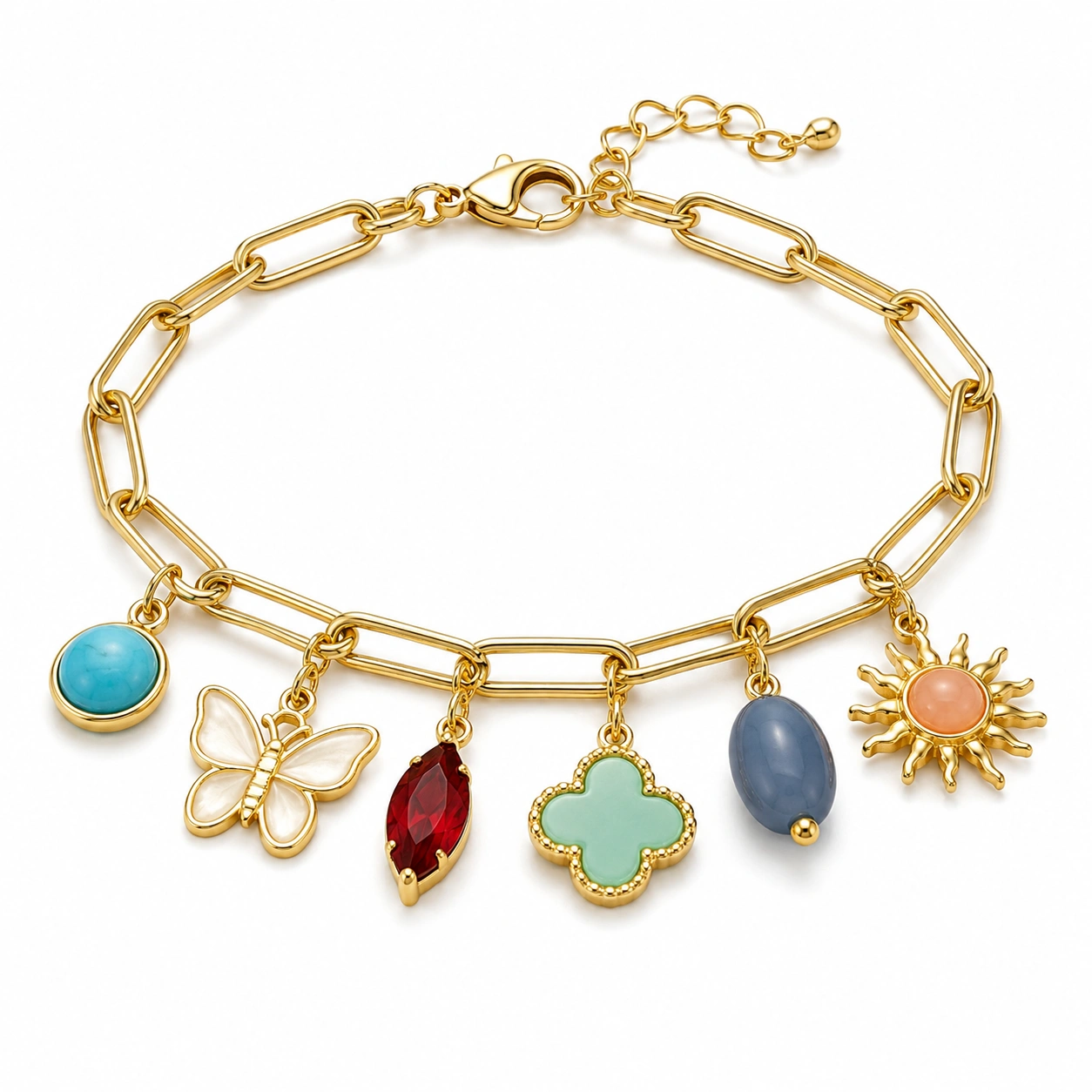 Goldenes Armband mit Charms Schmetterling, Sonne und Klee-homverica