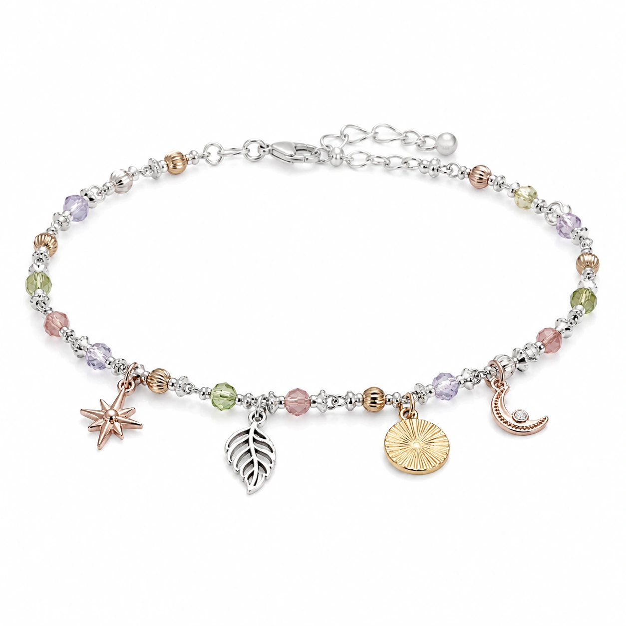 Charm-Armband mit Anhängern in Silber, Rosé, Grün und Lila, verstellbar-homverica