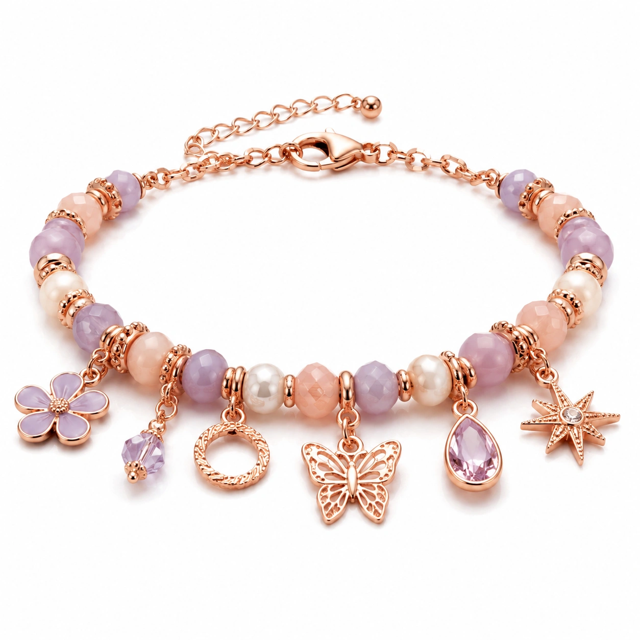 Charm-Armband mit Anhängern und Glasperlen Violett/Rosa/Weiß-homverica