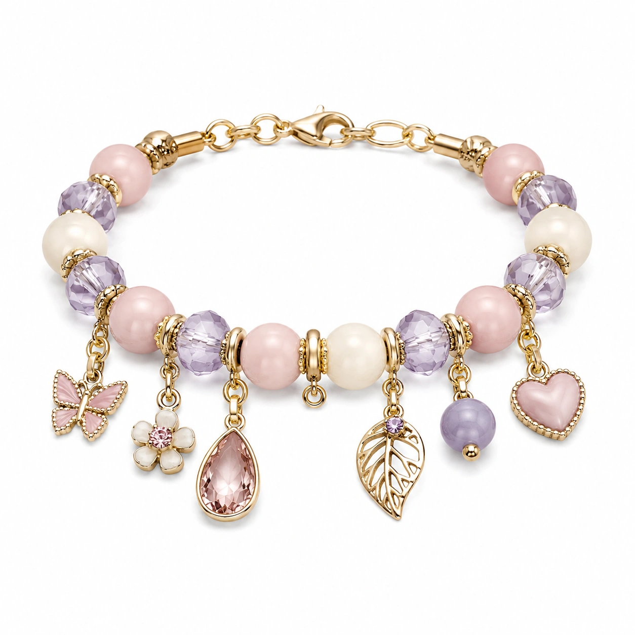 Charm-Armband mit Schmetterlings-, Blumen- und Herzanhängern in Pastellfarben-homverica