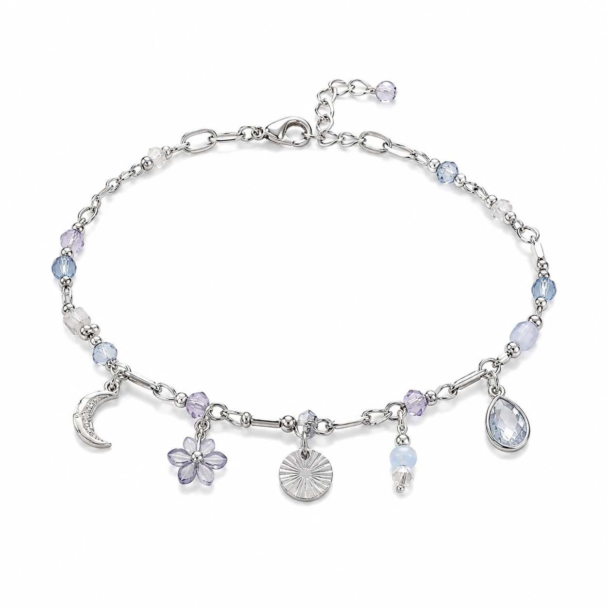Silbernes verstellbares Armband mit Mond- und Blumenanhängern-homverica