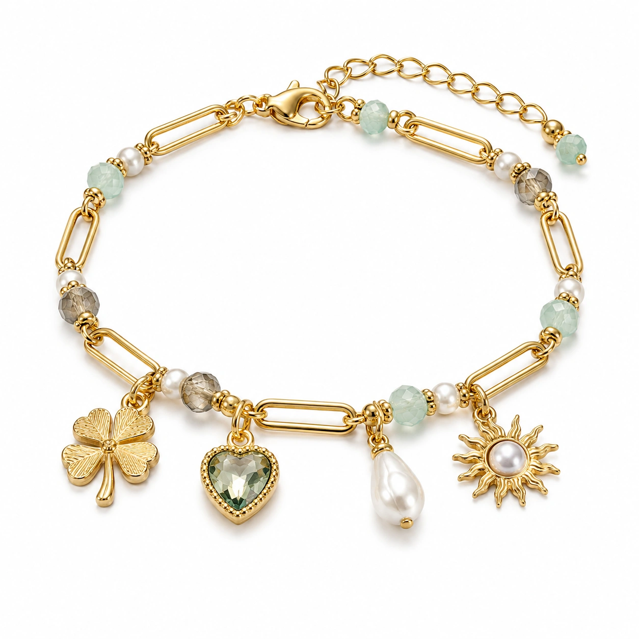 Goldenes Charm-Armband mit Kleeblatt, Herz und Sonnenanhänger-homverica
