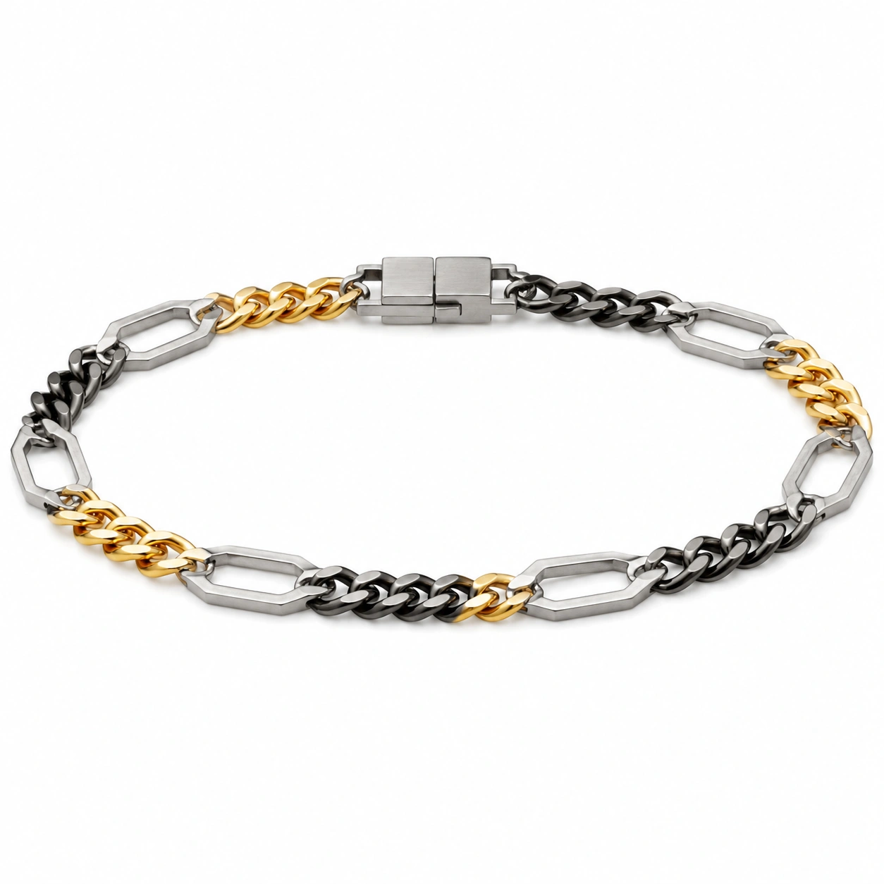 Dreifarbige Edelstahl Panzerkette Armband - Silber, Gold, Rosé-homverica