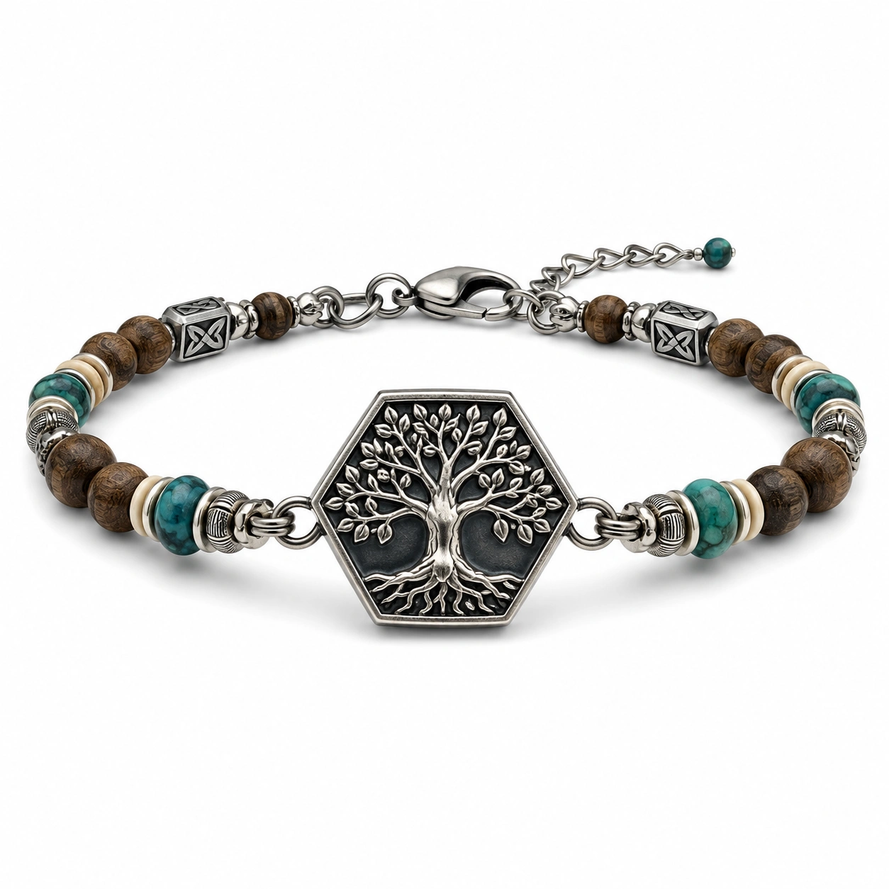 Makramee-Armband mit Baum des Lebens und blauen/beigen Perlen-homverica