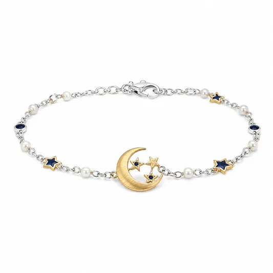 Damen Armband Mond Sterne Gold Silber Blau Perlen 18 cm-glarnovex