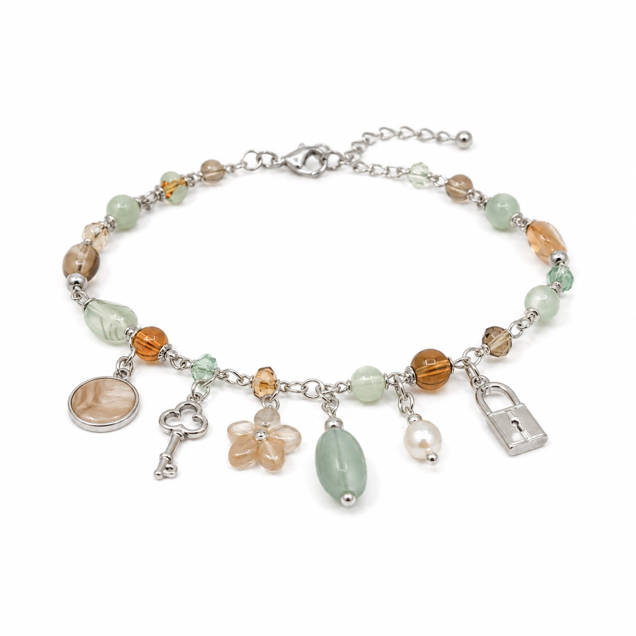 Charm-Armband mit Anhängern und bunten Perlen, Grün/Orange/Silber-glarnovex