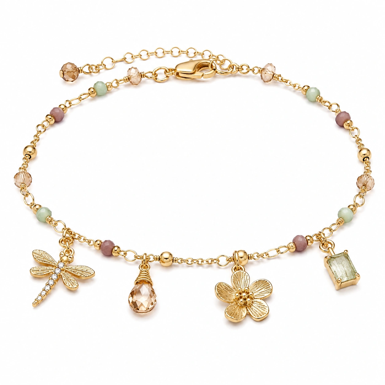 Charm-Armband in Gold mit Natur-Anhängern und Edelsteinen-glarnovex