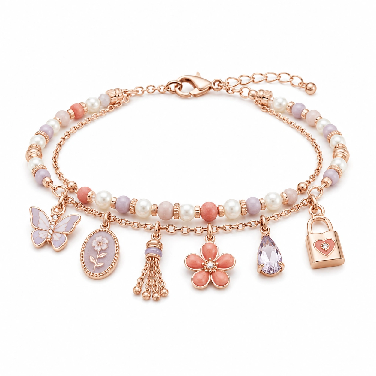 Charm Armband Roségold mit Schmetterlings- und Blumenanhängern-glarnovex