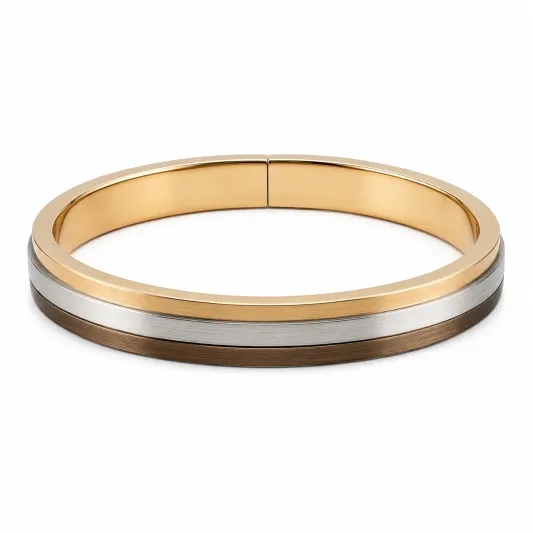Dreifarbiger Armreif mit Klappverschluss in Gold, Silber und Braun-glarnovex