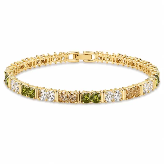 Elegantes Tennisarmband mit bunten Zirkoniasteinen in Gold, Grün und Weiß-glarnovex