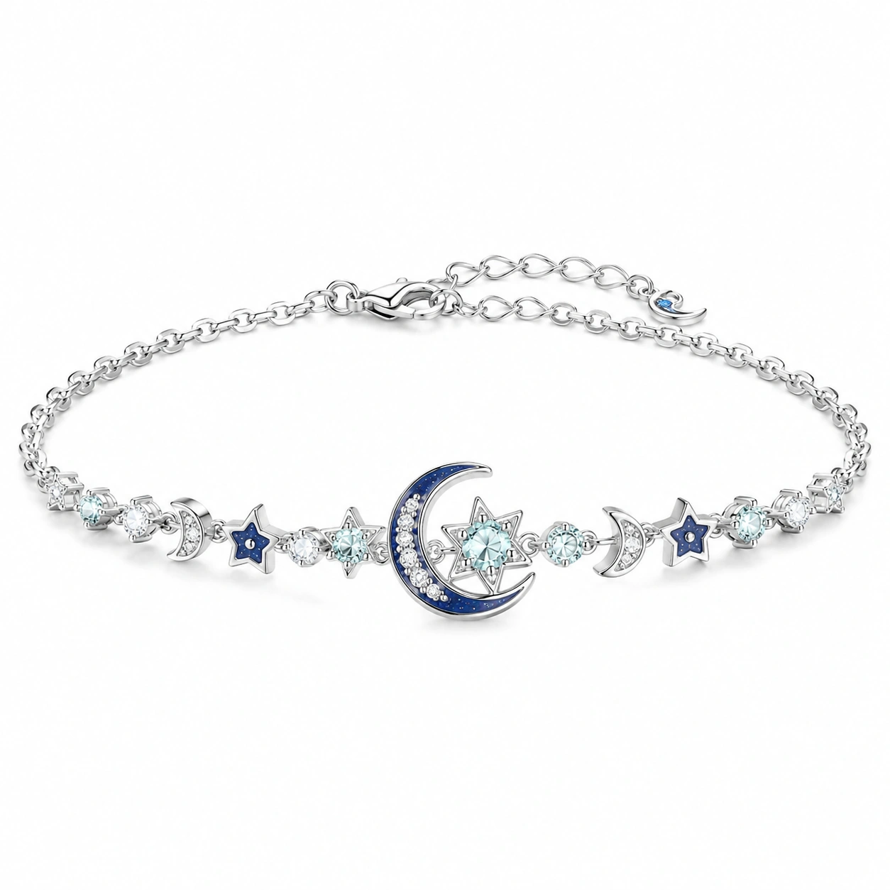 Damenarmband mit Mond- und Sternmotiv, verstellbar, Silber/Blau-decozrina
