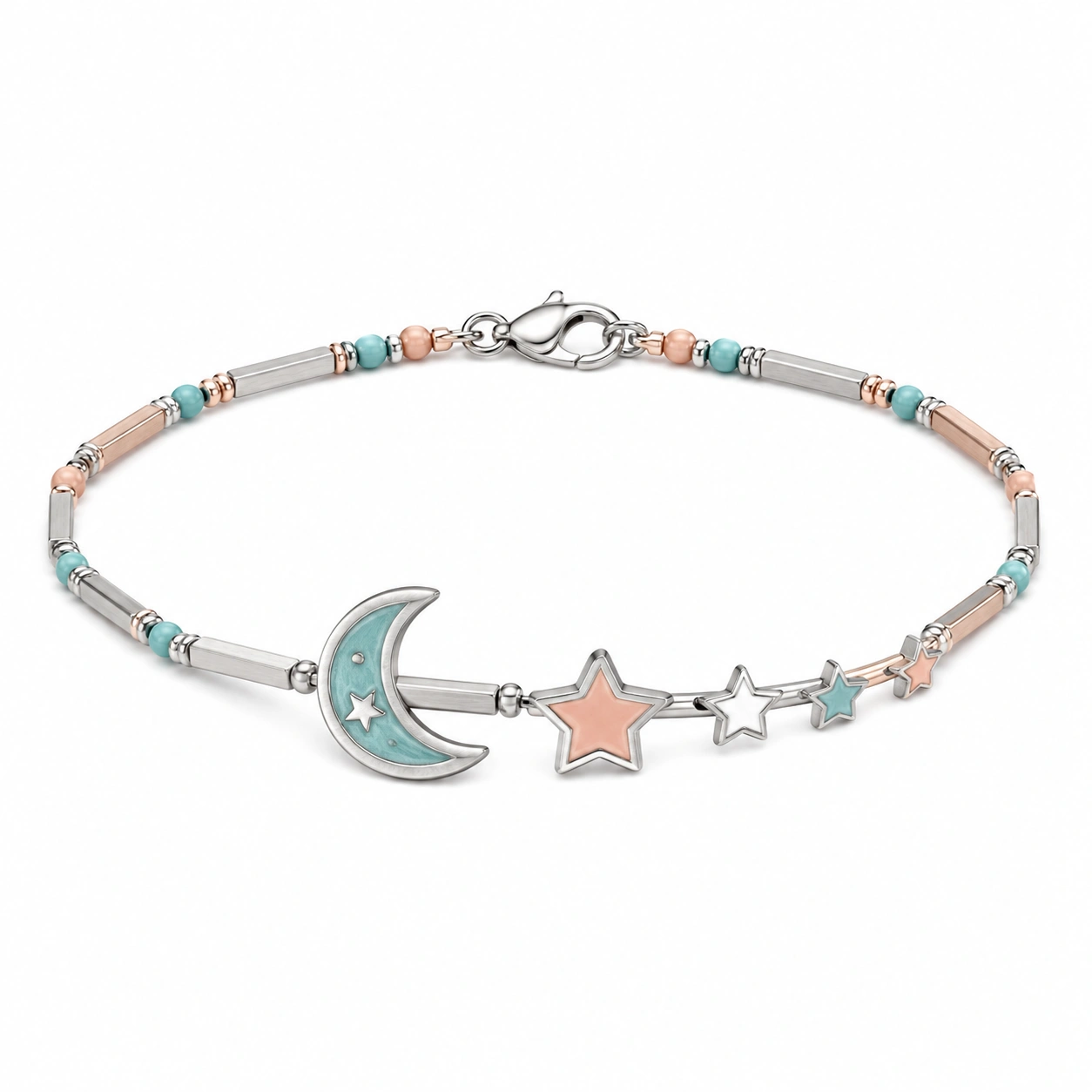 Elegantes Armband mit Mond und Sternen in Türkis, Rosa und Silber-decozrina