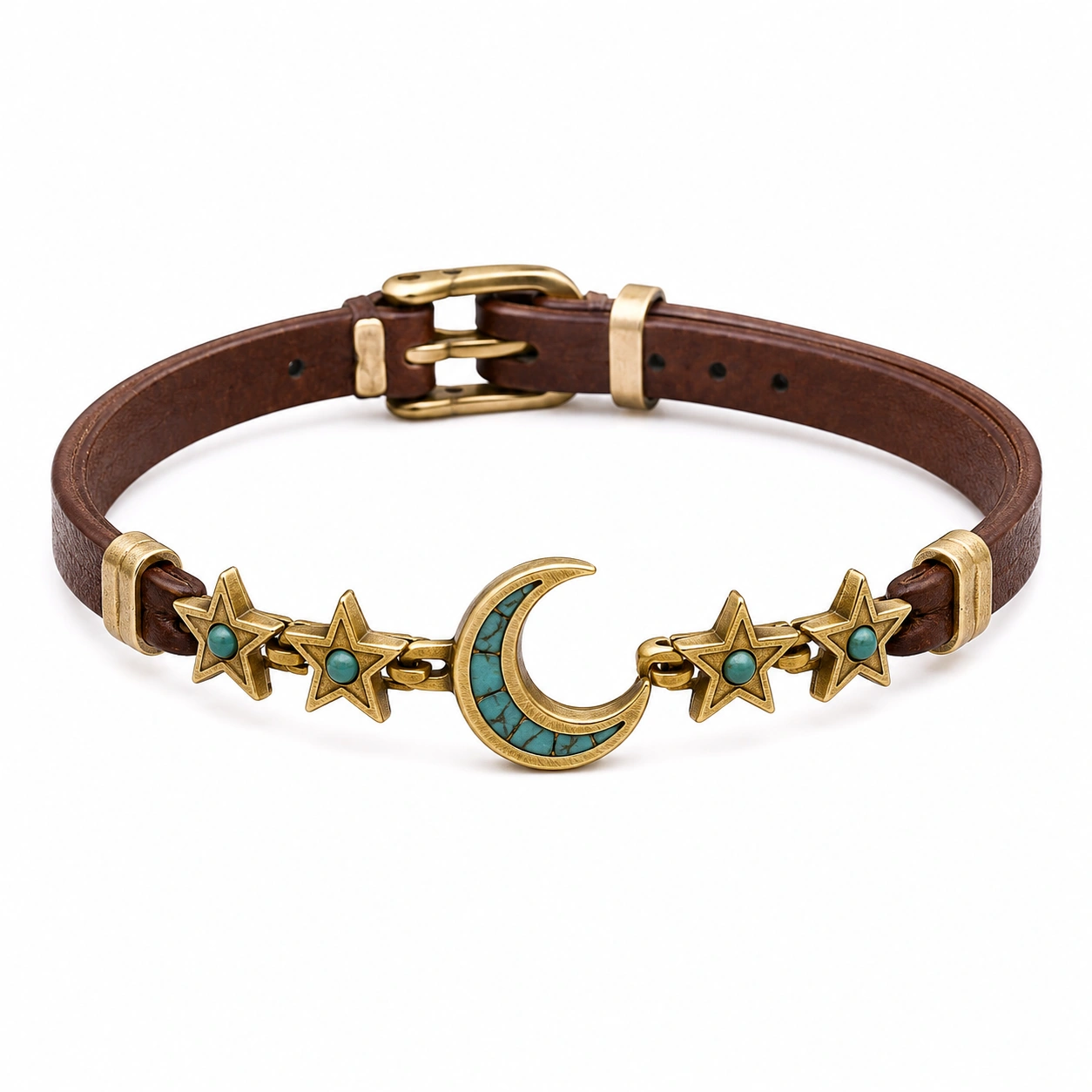 Mond-Sterne Vintage Lederarmband mit Türkis Verzierungen-decozrina