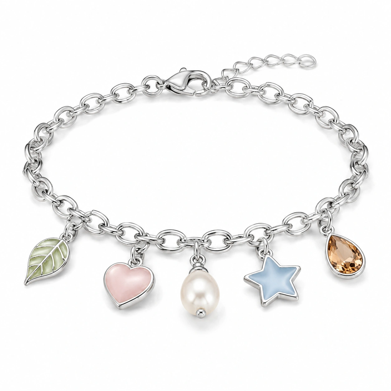 Charm Armband mit Blatt, Herz, Perle, Stern und Tropfen Anhängern, 19 cm-decozrina