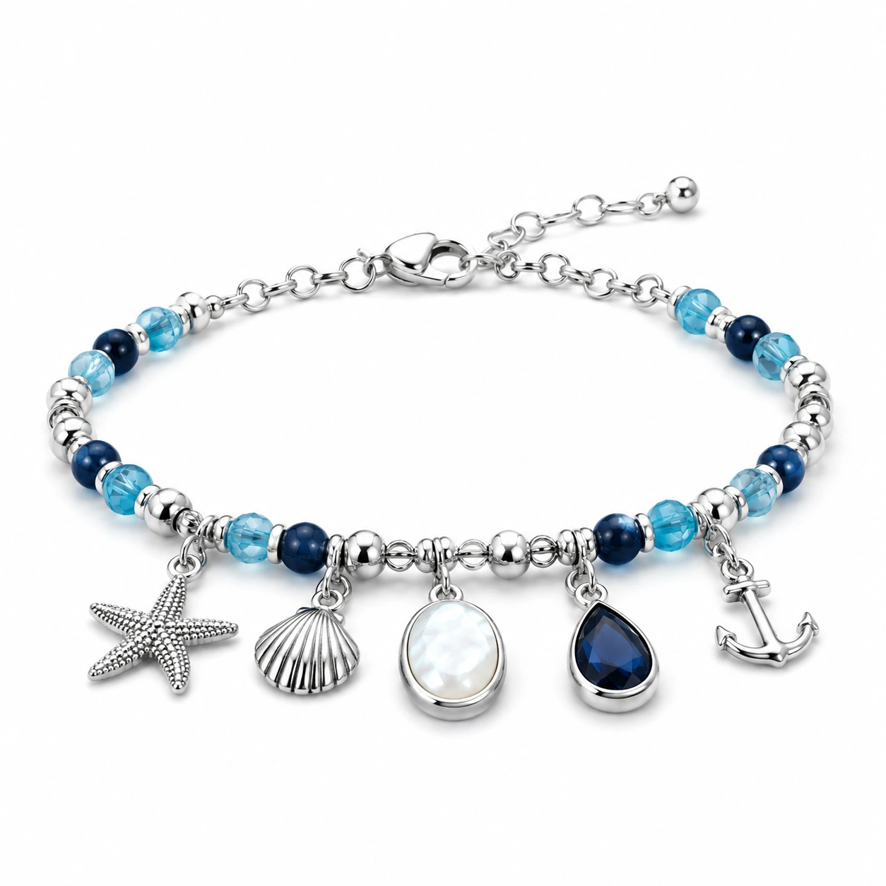 Maritimes Charm-Armband mit Blauen und Silbernen Anhängern-decozrina
