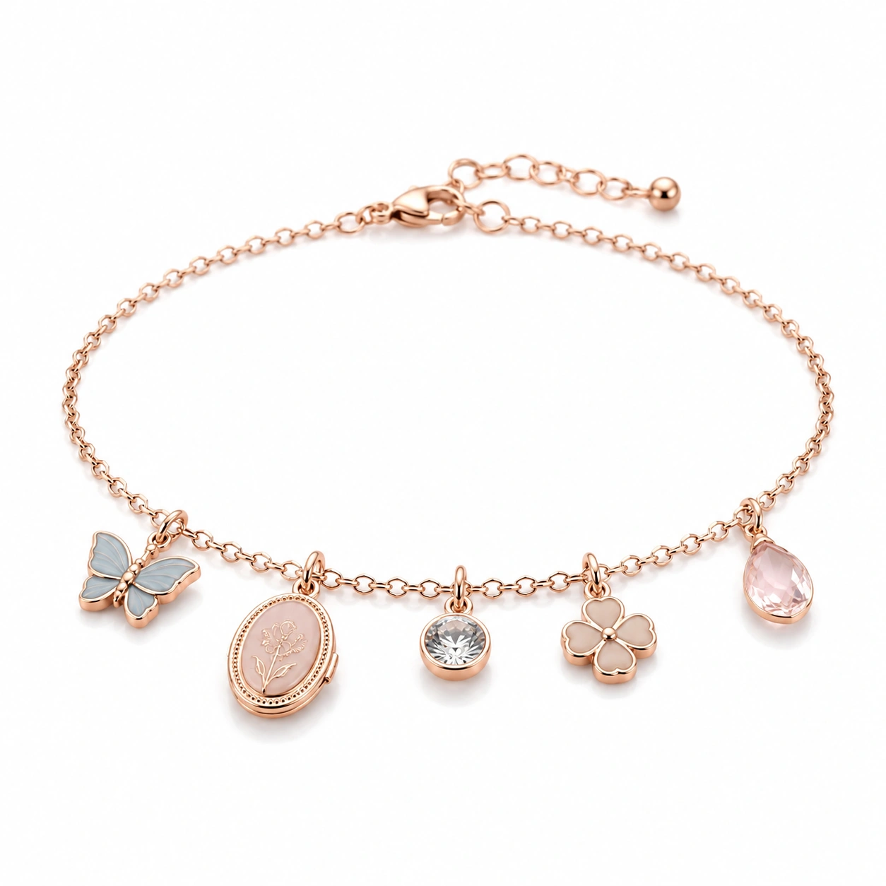 Charm-Armband Roségold mit Schmetterling, Kristall und Blumenanhänger-decozrina