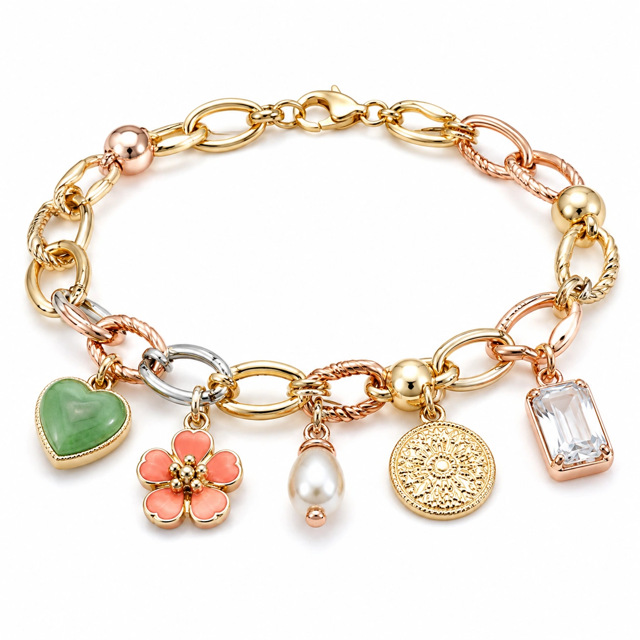 Elegantes Charm-Armband mit Herz, Blume und Perle-decozrina