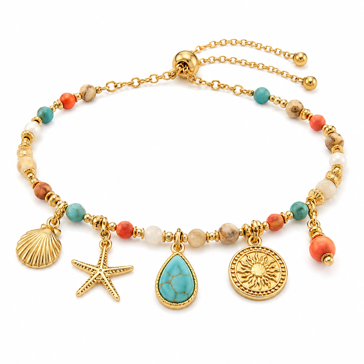 Verstellbares Charm-Armband mit Muschel- und Seestern-Anhängern, 20 cm, Gold Bunt-decozrina