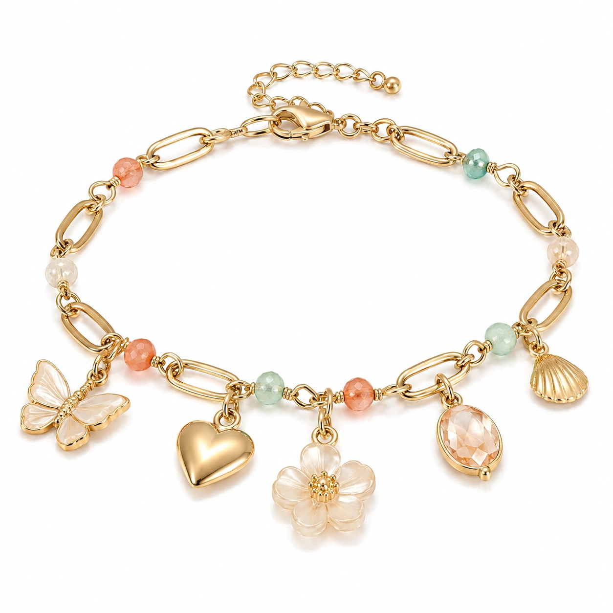 Charm Armband Damen mit Anhängern und Edelsteinen in Gold, Weiß, Orange und Grün-decozrina