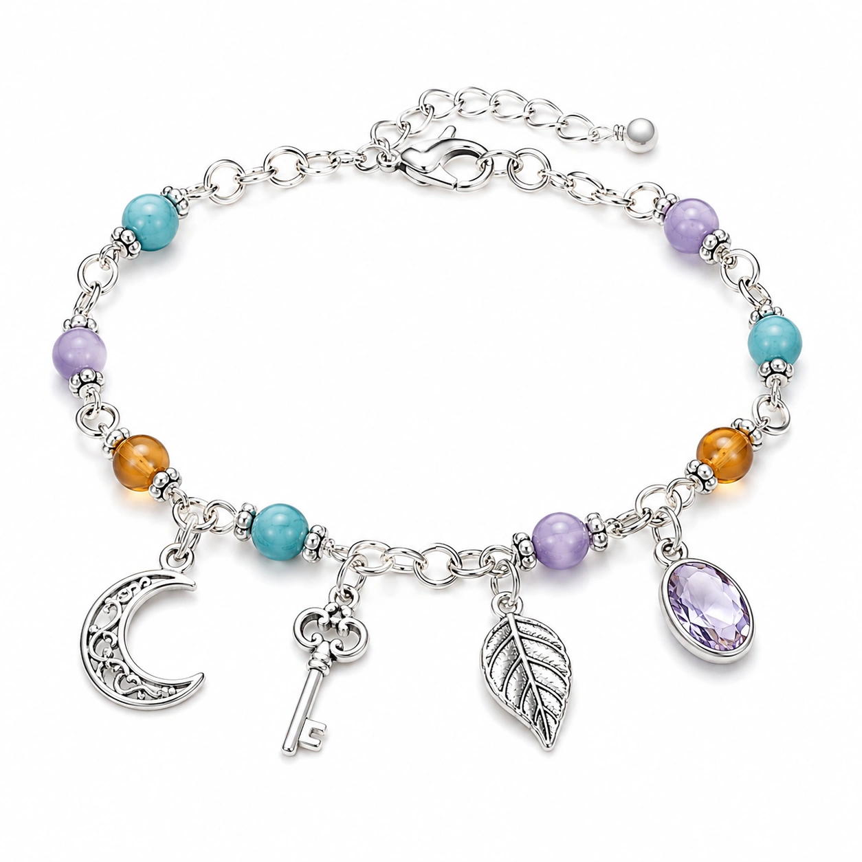 Charm-Armband mit Mond, Schlüssel und Blatt Anhängern, bunte Perlen-decozrina